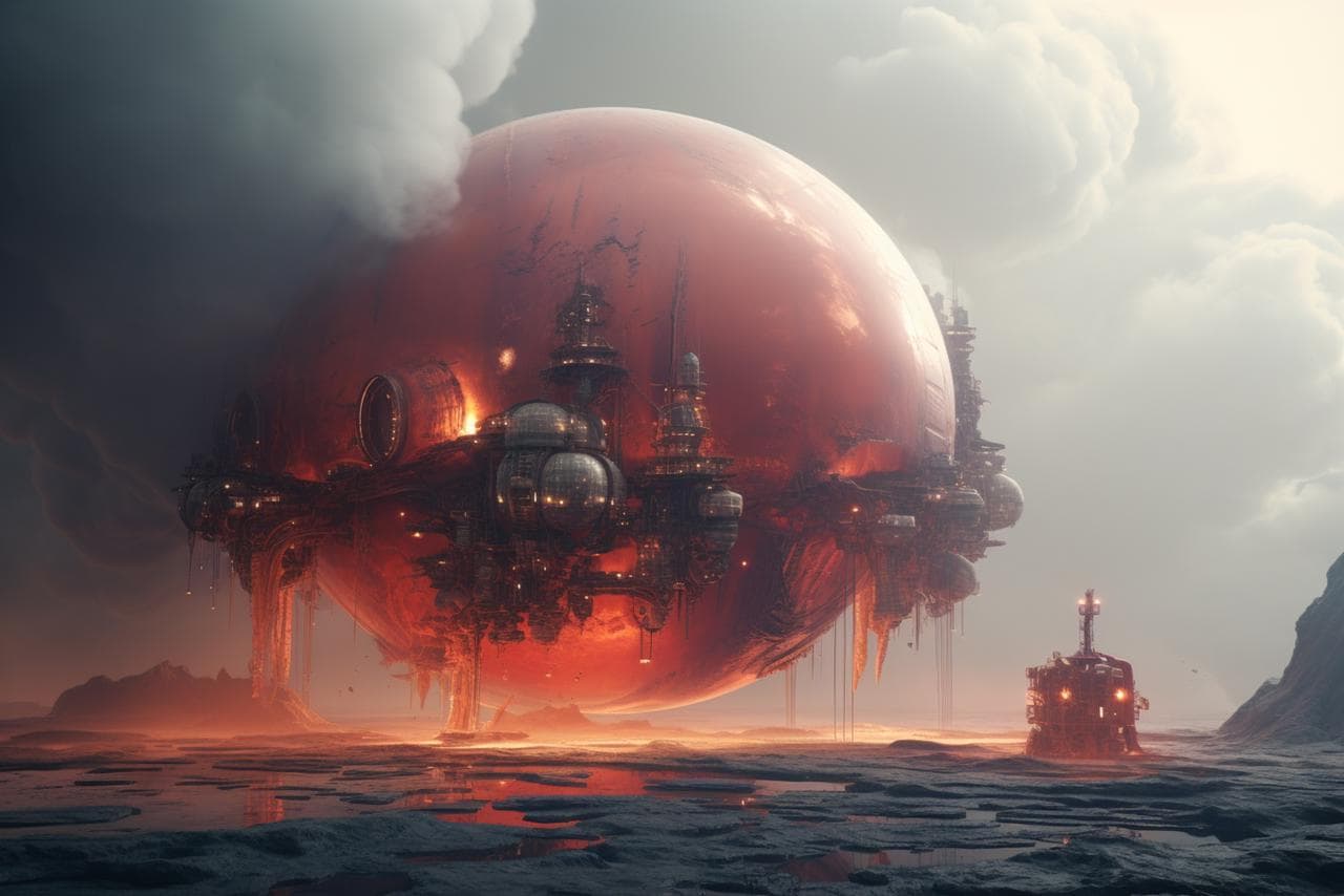 A colossal, smooth red spherical megastructure hovering just above a desolate frozen wasteland, parasitic industrial architecture and refinery machinery clinging to the side of the sphere, intricate mechanical details, pipes, scaffolding, dripping viscous fluid, moody atmospheric lighting, volumetric heavy clouds, grey mist, reflective ice puddles on the ground, small rover vehicle in foreground for scale, cinematic composition, hyper-realistic, 8k, Octane render, Unreal Engine 5, sci-fi concept art, gloom, rusted metal texture --ar 3:2 --v 5.2