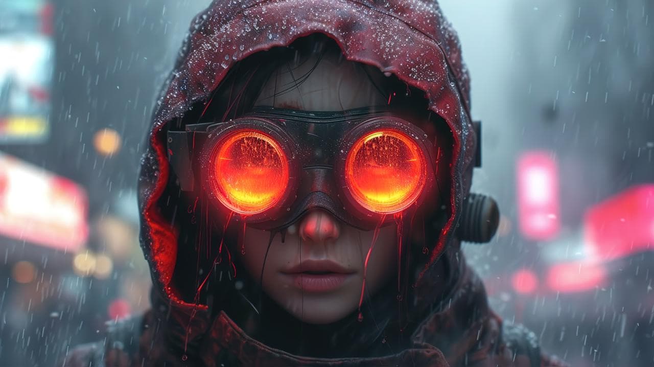 Ultra-realistic cinematic portrait of a hooded person in a rainy cyberpunk city at night.Wearing futuristic round goggles with intense glowing red lenses, wet glass and light streaks dripping down.Moody neon city background with soft bokeh, shallow depth of field.Cold blue tones contrasted with strong red glow.Dramatic cinematic lighting, hyper-detailed skin and fabric, rain particles visible.Centered composition, dark futuristic atmosphere, high realism, 4K.