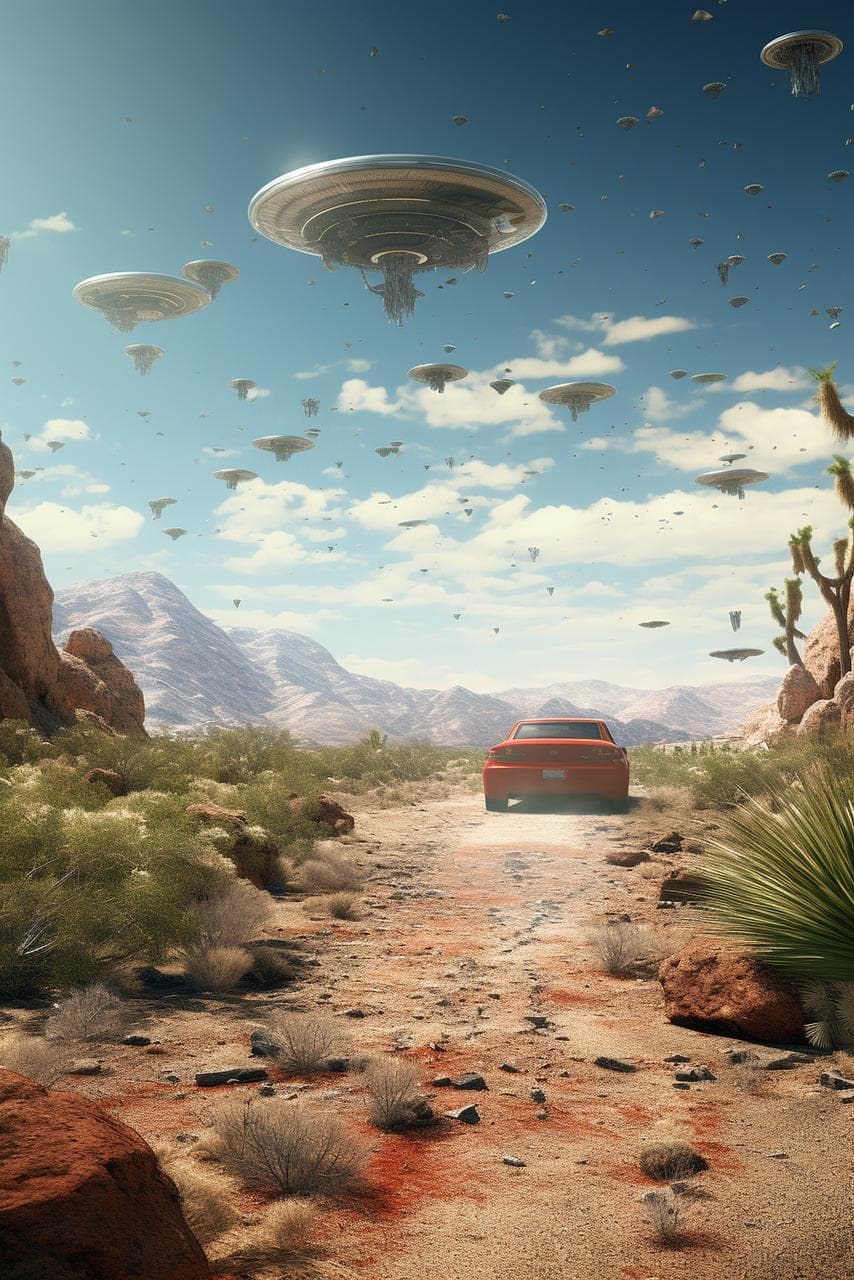 A wide-angle landscape photograph of a red sedan driving away on a dusty dirt road through a desert, scrub brush and Joshua trees, red rock formations. The sky is filled with hundreds of saucer-shaped UFOs, one large and detailed mother ship with mechanical undercarriage greeble in the center foreground, and many smaller ships in the distance. Distant mountains, bright sunny day, warm light, cinematic, photorealistic, sci-fi art. --ar 2:3