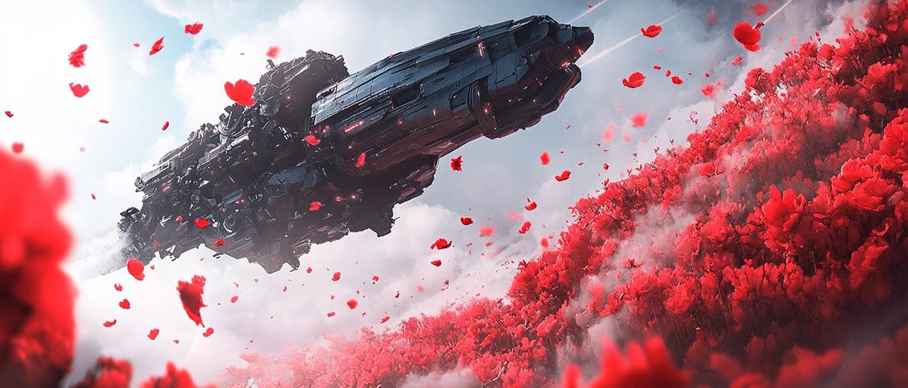 A massive, dark grey industrial spaceship flying low over a vast field of vibrant red poppies, red flower petals floating in the air, turbulence from the ship's engines kicking up petals, surreal juxtaposition, white fluffy clouds, blue sky, cinematic wide angle, intricate mechanical details, greeble, hyper-realistic, 8k, Unreal Engine 5 render, digital concept art, soft daylight --ar 21:9 --v 6.0