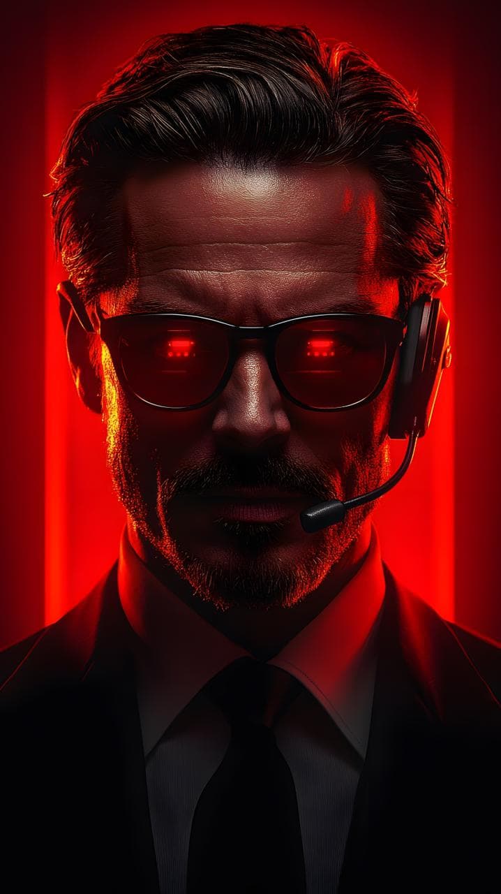 A detailed, close-up portrait of a man with intense, stern features, wearing a dark suit, a black tie, and black-framed glasses. He has a neat beard and slicked-back dark hair. A black headset with a microphone is visible on his left ear. The entire scene is bathed in a dramatic, intense red light from unseen sources, creating strong highlights on his face, hair, and the glasses, with deep shadows. The background consists of vertical red light streaks against a dark, blurred backdrop. The mood is mysterious and intense.