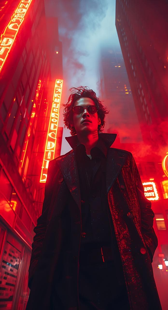 A vertical, low-angle cinematic photograph of a young man with messy, wavy dark hair and a visible neck tattoo. He is wearing round, red-tinted sunglasses and a long, textured dark leather trench coat over a black shirt. He stands in the center of a narrow, rain-slicked urban alley at night, heavily bathed in the intense, saturated red glow of multiple neon signs, some featuring vertical Chinese characters. The wet asphalt ground reflects the red light, and wisps of steam or fog rise around him. The background is a towering canyon of city buildings with blurred neon lights and signs, creating a dense, futuristic, neo-noir atmosphere with high detail and deep shadows.