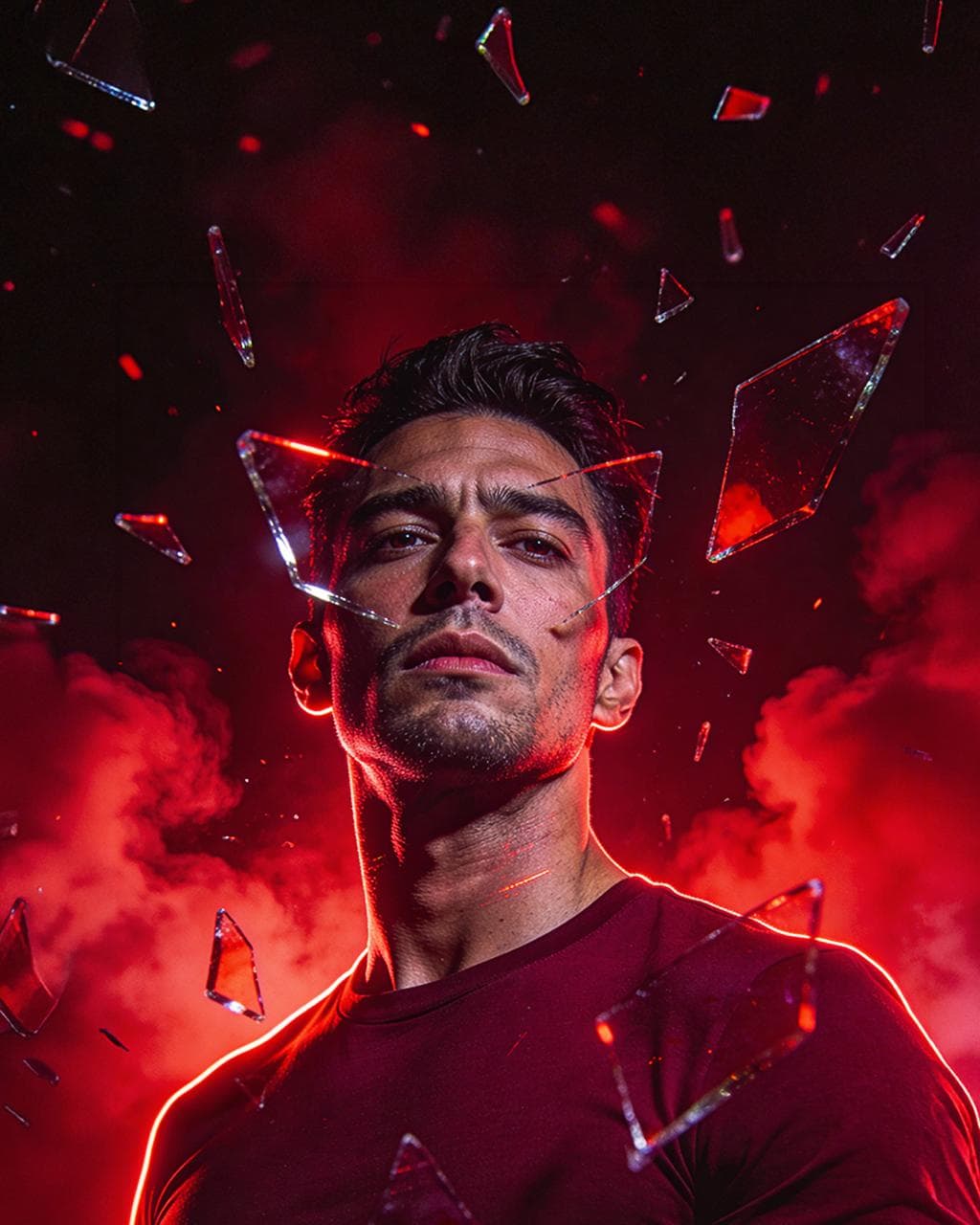 A detailed, close-up portrait photograph of a man with a stubbly beard and short, dark hair, looking directly into the camera with an intense expression. His face is partially obscured by sharp, jagged shards of broken glass suspended in the air around him, with one large shard specifically framing his eyes. The scene is dramatically lit with intense red light and a strong rim light, against a smoky, hazy red background with blurred particles. The focus is sharp on the man's eyes and the glass shards.