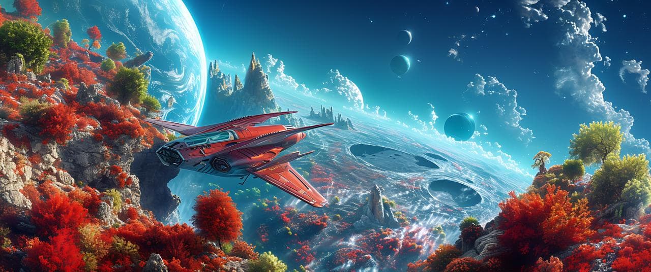 A fantastical sci-fi landscape concept art, featuring a sleek, red futuristic spaceship with swept wings flying over a vibrant alien planet. Below the spacecraft are floating islands covered in a mix of vibrant red and green trees, rocky formations, and deep blue lakes within large craters. The sky is deep blue and filled with dramatic, fluffy white clouds, multiple large planets, and moons of various sizes. The scene is bathed in bright, natural daylight, showcasing high detail and a rich color palette.