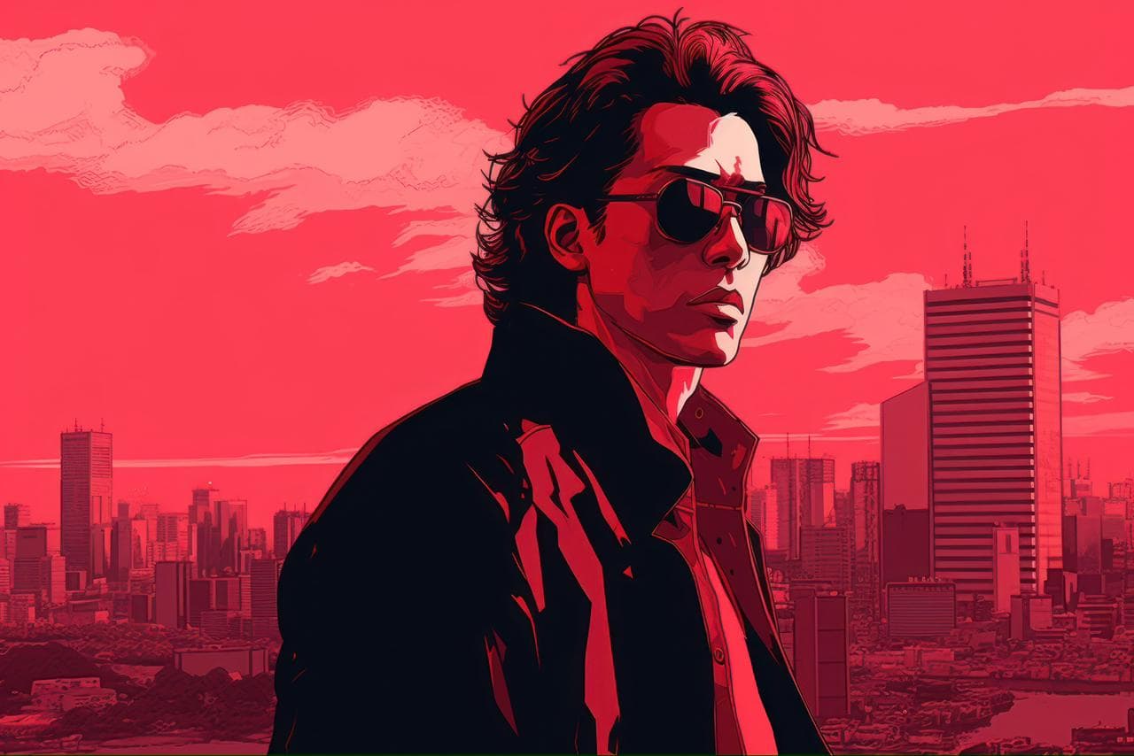 A stylized comic book panel illustration of a young man with medium-length, wavy dark hair and sunglasses, wearing a black leather jacket. He is looking back over his shoulder with a serious expression. The entire scene, including the sprawling urban cityscape with skyscrapers and the cloudy sky in the background, is rendered in a striking monochromatic deep red color palette. The lighting is dramatic and high-contrast, with heavy shadows and bold line work, creating a cool, noir-inspired atmosphere.