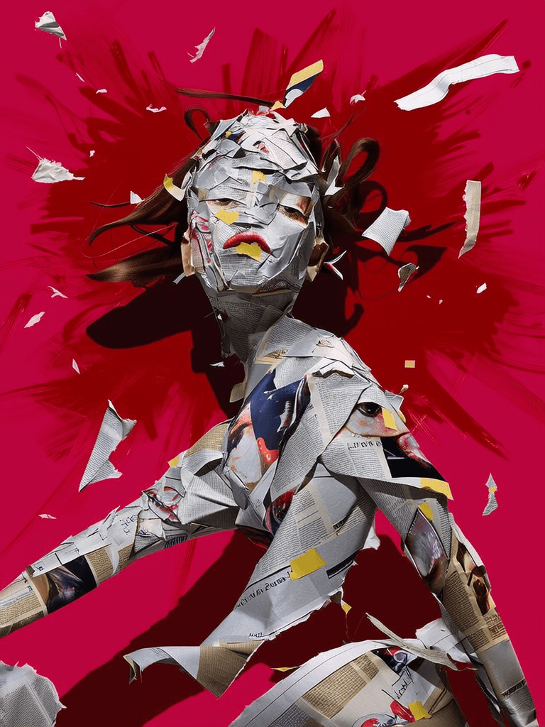 The woman's face and body are constructed entirely from folded, torn fashion magazine pages and strips of duct tape, each fragment misaligned and layered with visible creases and rough edges. Her single mid-motion leg appears as a twisted paper sculpture, sharply folded and curling away from her distorted torso. Her eyes are unevenly cut and duplicated, overlapping raggedly across her face. The surfaces show strong grain and matte finishes, with duct tape glossy patches contrasting jagged paper textures, stitched and taped together haphazardly. Her arms fold unnaturally, created from stacked, torn segments and jagged paper layers.She is set against a flat, vivid crimson background blasted by sharp, aggressive red brush strokes, exploding outward like paper slashes. Bold, flat lighting casts graphic shadows emphasizing every fold, tear, and tape seam, flattening her into a stylized 2D collage. Vector-like shards and floating debris drift around her, heightening the chaotic, raw energy of this brutal, handmade surreal paper portrait.