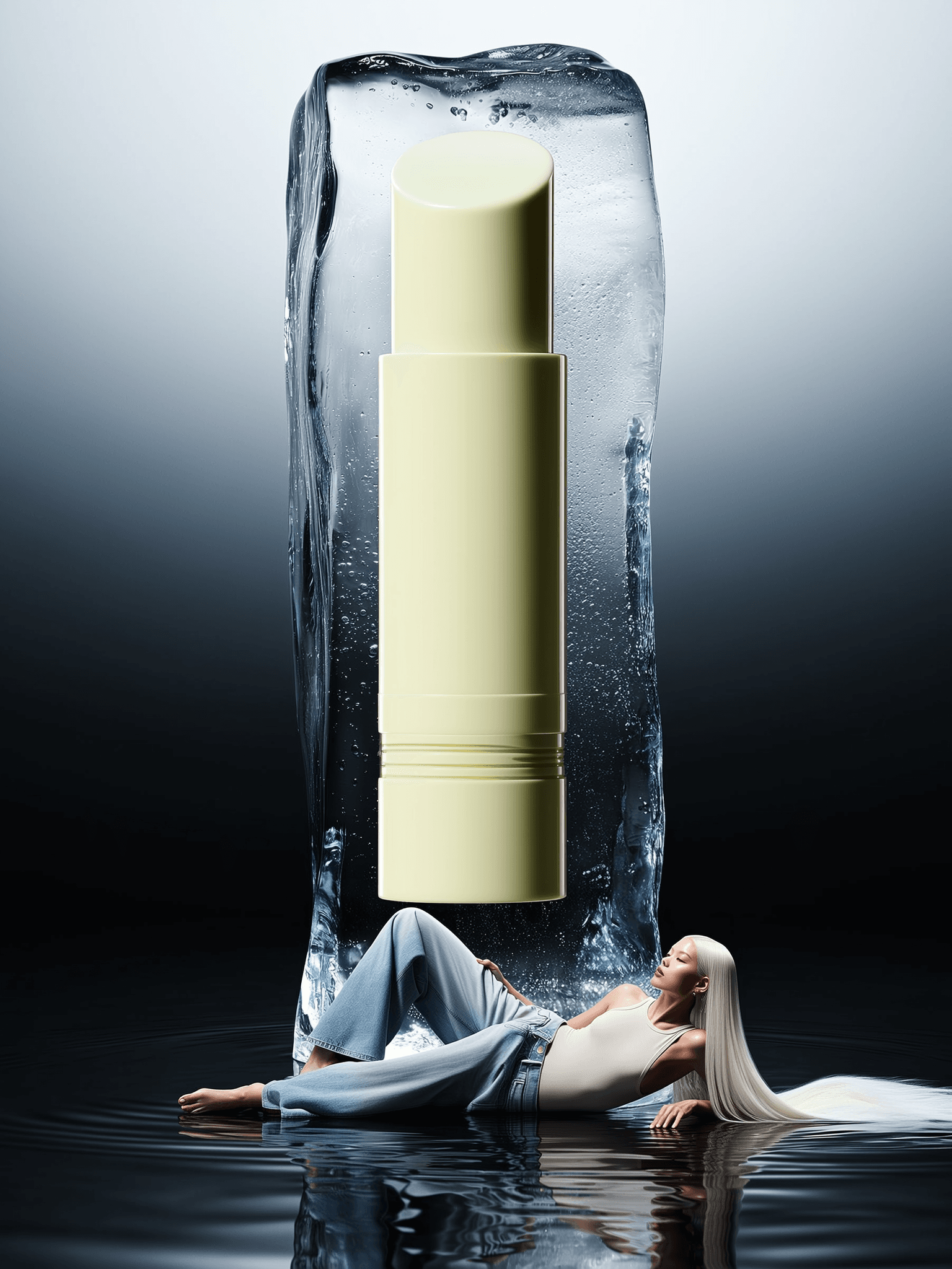 A cinematic wash of cool, glacial light diffuses across a polished wet surface, ripples echoing softly like liquid glass beneath a towering sculptural ice block. Suspended within, a minimalist pale yellow lip balm tube stands crisp and unbranded, its smooth contours glowing with patent sheen against the translucent frost. The background melts seamlessly from deep ebony at the base to a whisper of silvery gray overhead, cloaking the scene in a liminal twilight.Reclined below this frozen monolith, she frames the stillness with languid precision. Dressed in an ivory-fitted tank and loose, low-rise jeans that pool naturally around her splayed legs, her sharp features catch reflections from the ice and the balm’s subtle gloss. Her torso twists ever so slightly toward the viewer, elbow rooted on the slick floor while one hand drapes delicately over her midsection. Sleek platinum strands cascade across the surface, catching fragmented highlights that shimmer like frost on skin.Captured at mid-body with a low, long lens perspective, the composition amplifies the surreal scale of the lip balm to her repose, fusing glassy textures and moist reflections with the softness of pale fabric and bare skin. The interplay between model and object becomes a quiet dialogue — cool minimalism rendered in uncanny clarity, where the line between product and person dissolves into crystalline dreams. Futuristic purity poised in reflective stillness. —high-fashion editorial, hyper-real texture fidelity