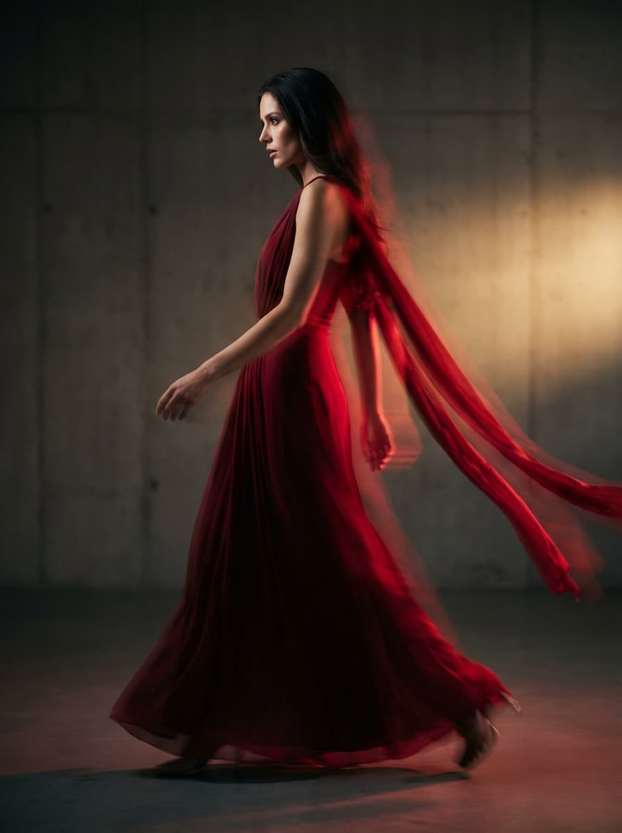 High-fashion editorial motion blur photograph of a woman in mid-run, side profile, dynamic forward movement, strong cinematic motion blur trails flowing behind her, long hair blending into the motion, dramatic studio lighting, minimal neutral background, luxury fashion campaign style, wearing a flowing outfit in deep crimson red instead of black, glowing crimson red light streaks trailing from her back and shoulders, soft golden undertones replaced with rich red highlights, high contrast, moody atmosphere, artistic blur, shot on 85mm lens, shallow depth of field, ultra high resolution, Vogue-style photography, sharp focus on face with blurred body motion, premium fashion aesthetic, 8K, studio quality, dramatic shadows.